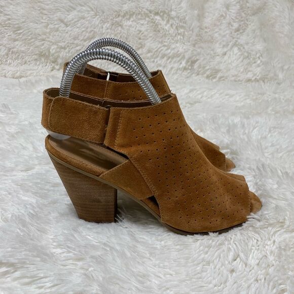 Franco Fortini Leather Booties Rhea Suede Block Heel Peep Toe Tan Shoes size 10 - Picture 6 of 14
